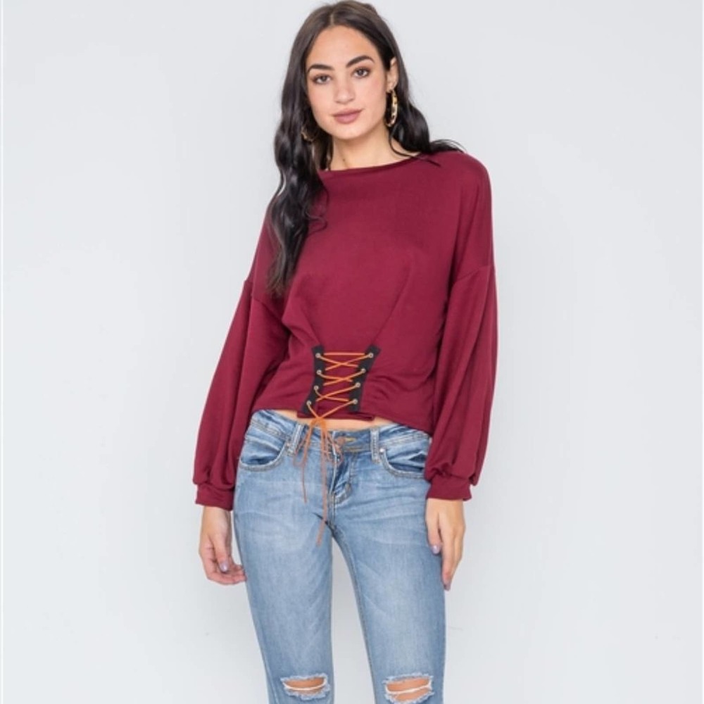 Burgundy Long Sleeve Lace Up Sweater
